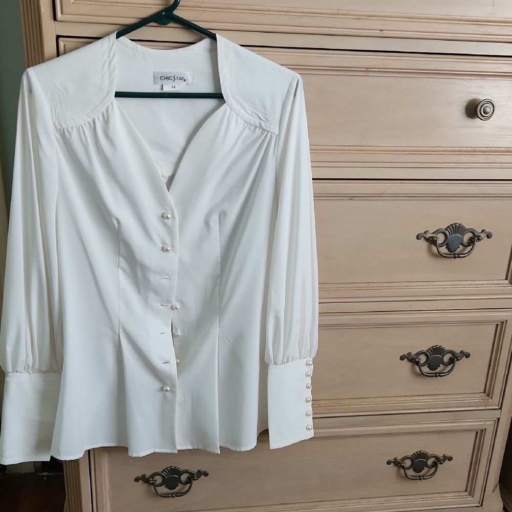Cream 3/4 Sleeve Ruched Blouse with Notched Collar